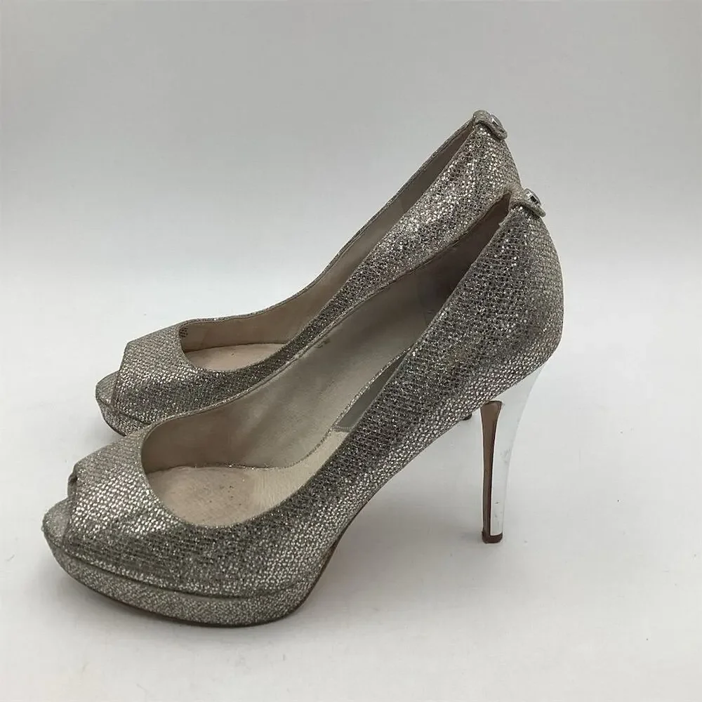 Michael Kors Silver Glitter Peep Toe Platform Heels Size 10‎ Women's